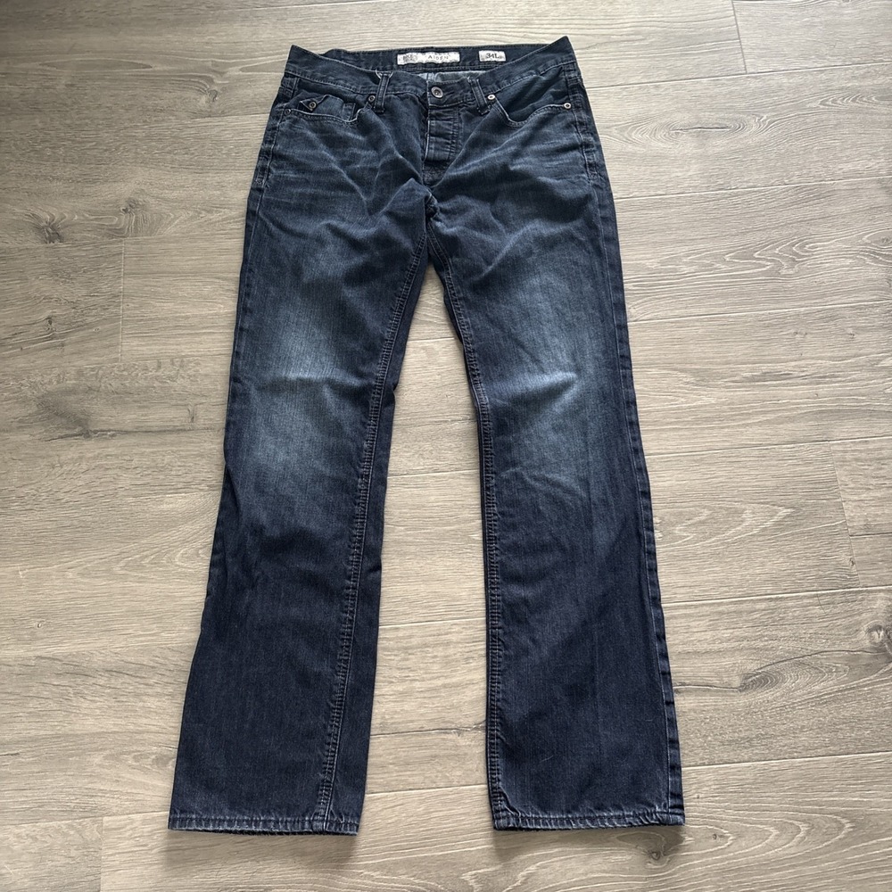 Buckle BKE Aiden Mens 34L Blue Jeans BootLeg Dark Wash Fade 32" inseam button fl